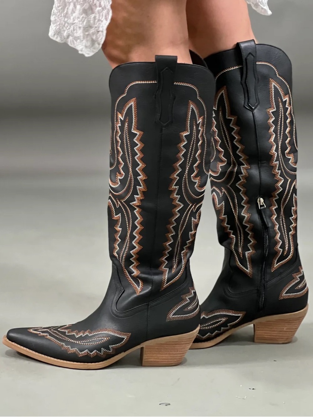 Mi.iM Black Western Cowboy Boots Embroidered Pointed Toe Knee High Cowgirl
